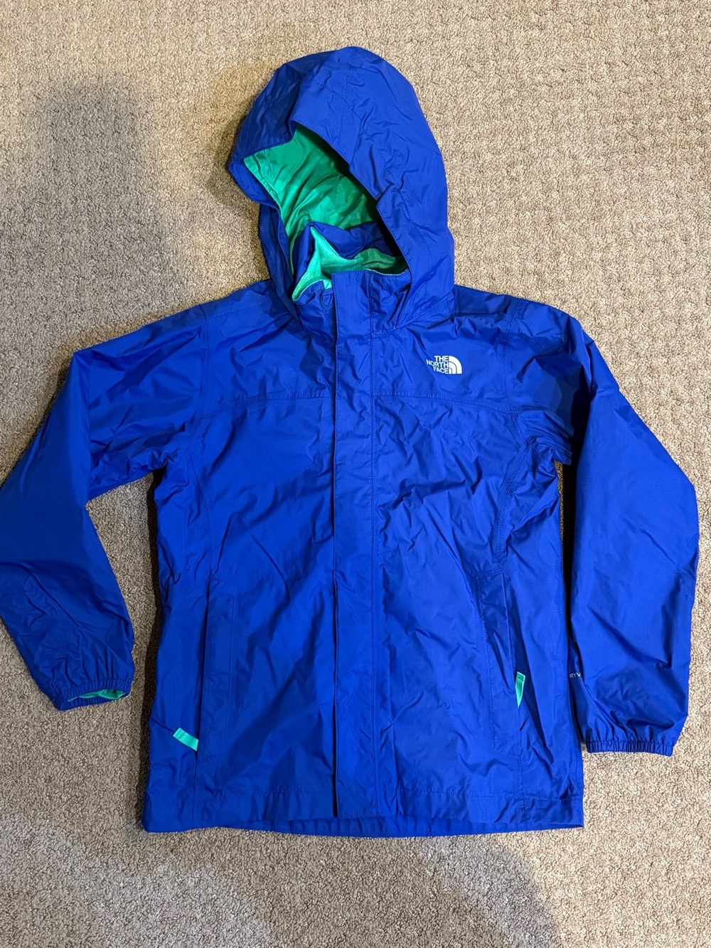 The North Face Kids Blue Rain Jacket with Green Lining